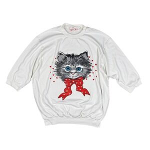 Vintage Kitten Graphic Sweatshirt Women's Medium White‎ 80s Bow 3/4 Sleeve